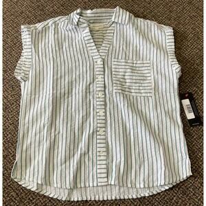 Thread & Supply Button-Up Womens Size Large Short-Sleeve White/Green Stripes